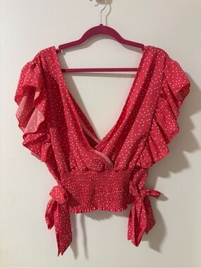 Shein Curve Pink Polka Dot V-Neck Flutter Sleeve Top